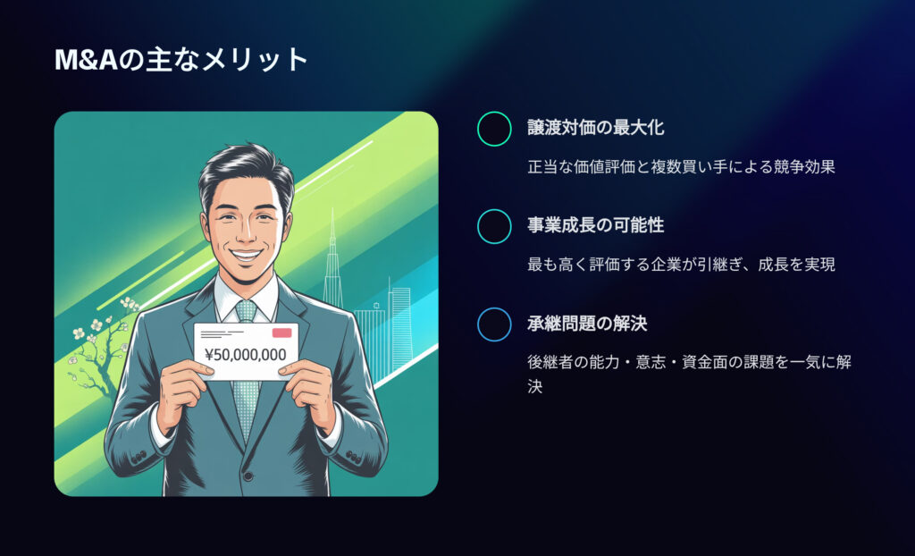 M&Aの主なメリット
譲渡対価の最大化
事業成長の可能性
承継問題の解決