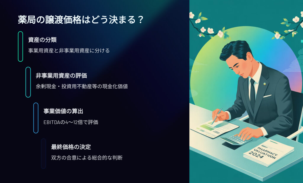 薬局の譲渡価格はどう決まる？
資産の分類
事業資産と非事業用資産に分ける
非事業用資産の評価
余剰資金・投資用不動産などの」現金化価値
事業価値の算出
EBITDAの４～１２倍で評価