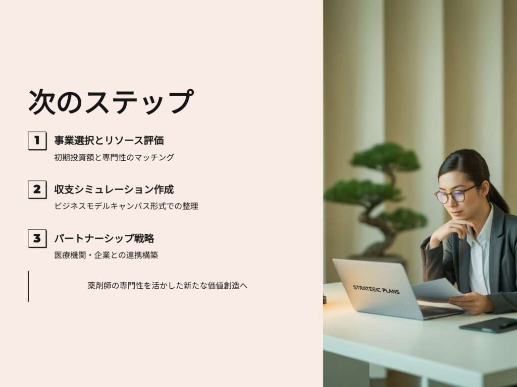 次のステップ
事業選択とリソース評価
収支シミュレーション作成
パートナーシップ戦略