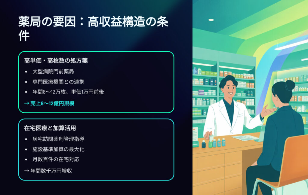 薬剤師の年収に与える薬局の要因
高収益構造の条件
高単価、高枚数の処方箋
大型病院門前薬局
専門医療機関との提携
年間8～12万枚　単価1万円
⇒売上8～12億
在宅医療と加算活用
居宅療養薬剤管理指導
施設基準加算の最大化
月間数百件の在宅対応
⇒年間数千万増収
