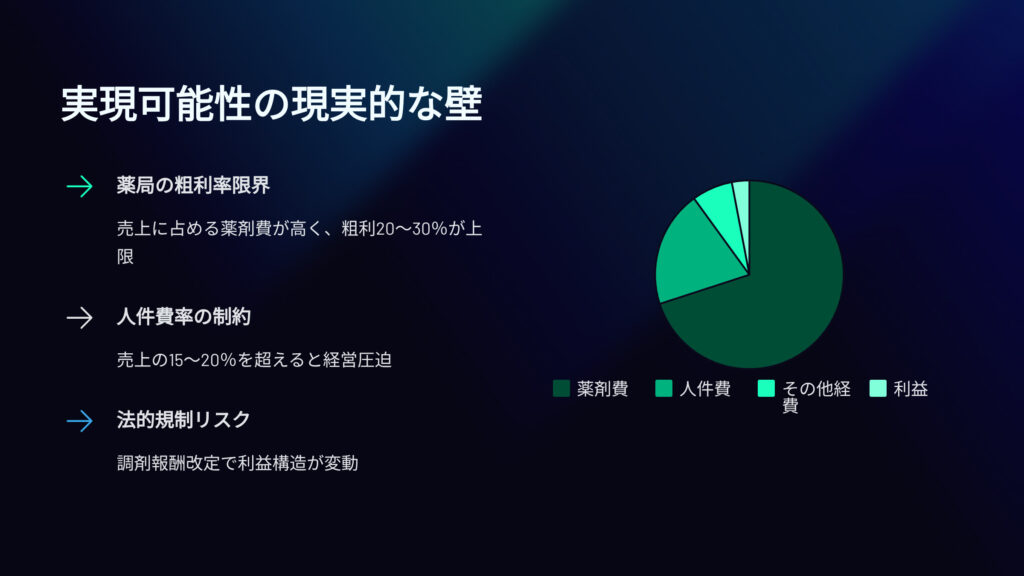 薬剤師の年収1000万円実現可能性の現実的な壁
薬局の粗利率限界
売上に占める薬剤費が高く、粗利20～30％が上限
人件費率の成約
売上の15～20％を超えると経営圧迫
法的規制リスク
調剤報酬改定で利益構造が変動