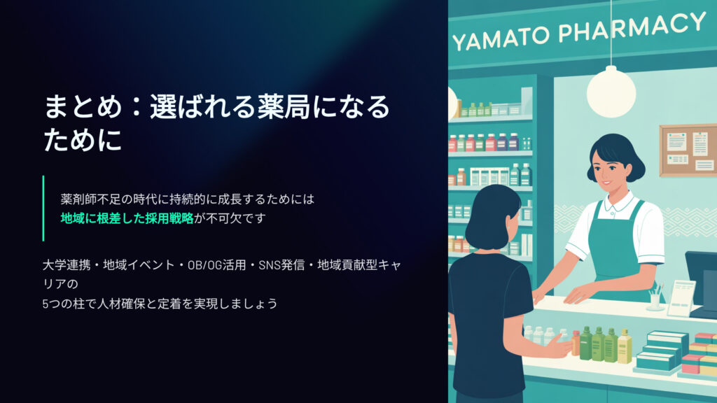 まとめ：選ばれる薬局になるために
薬剤師不足時代に持続的に成長するためには地域に根差した採用戦略が不可欠です。