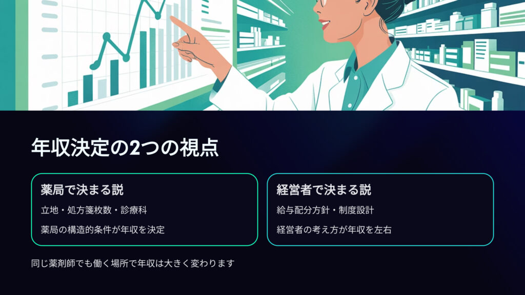 薬剤師の年収決定の二つの視点
薬局で決まる説
立地、処方箋枚数、診療科
薬局の構造的条件が年収を決定
経営者で決まる説
給与配分方針、制度設計
経営者の考え方が年収を左右
同じ薬剤師でも働く場所で年収は大きく変わります。
