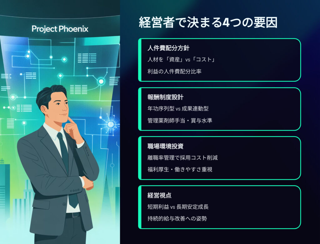 薬剤師の年収が経営者で決まる4つの要因
人件費配分方針
人材を「資産」vs「コスト」
利益の人件費配分比率
報酬制度設計
年功序列型vs成果連動型
管理薬剤師手当、賞与水準
職場環境投資
離職率管理で採用コスト削減
福利厚生、働きやすさ重視
経営視点
短期利益vs長期安定成長
持続的給与改善への姿勢