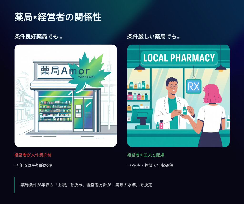 薬局と経営者の関係性
条件良好薬局でも経営者が人件費抑制⇒年収は平均的水準
条件厳しい薬局でも
経営者の工夫と配慮⇒在宅、物販で年収確保
薬局条件が年収の上限を決め、経営者方針が実際の水準を決定