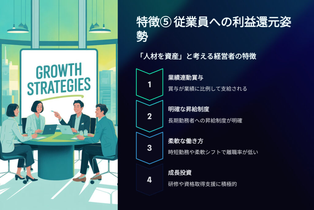 年収の高い薬局の特徴⑤従業員への利益還元姿勢
人材を資産と考える経営者の特徴
業績連動賞与
賞与が業績に比例して支給される
明確な昇給制度
長期勤務者への昇給制度が明確
柔軟な働き方
時短勤務や柔軟シフトで離職率が低い
成長投資
研修や資格取得支援に積極的
