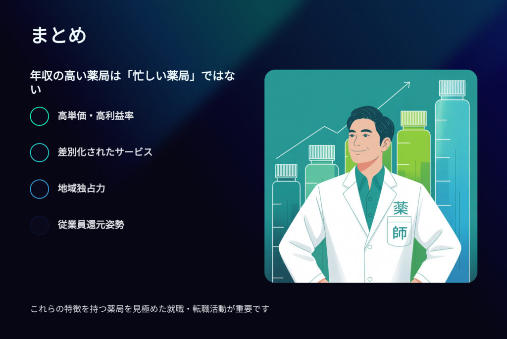 まとめ
年収の高い薬局は「忙しい薬局」ではない
高単価、高利益率
差別化されたサービス
地域独占力
従業員還元姿勢
これらの特徴を持つ薬局を見極めた就職、転職活動が重要です。