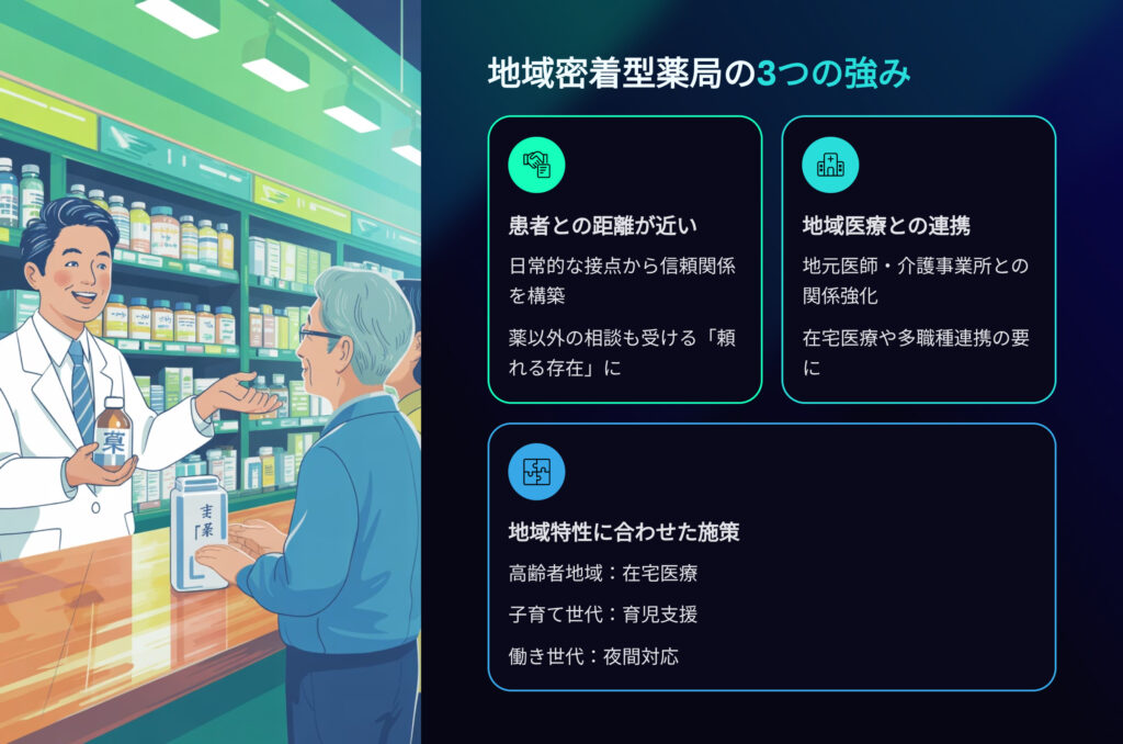 地域密着型薬局の3つの強み
患者との距離が近い
日常的な接点から信頼関係を構築
薬以外の相談も受ける「頼れる存在」に
地域医療との連携
地元医師・介護事業所との関係強化
在宅医療や多職種連携の要に
地域特性に合わせた施策
高齢者地域:在宅医療
子育て世代:育児支援
働き世代:夜間対応