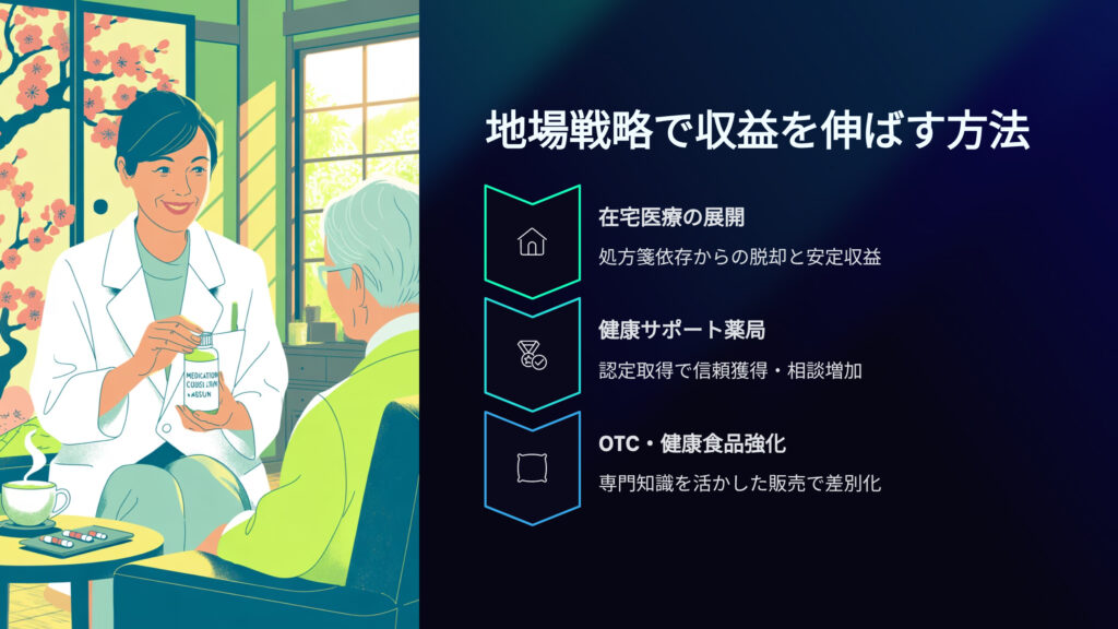 地場戦略で薬局の収益を伸ばす方法
在宅医療の展開
健康サポート薬局
OTC、健康食品販売の強化