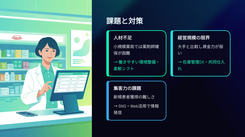 地域密着型薬局の課題と対策
人材不足
地域密着型薬局では薬剤師確保が困難
⇒働きやすい環境整備、柔軟シフト
経営規模の限界
大手と比較し資金力が弱い
⇒在庫管理DX、共同仕入れによる経営改善
集客力の課題
新規患者獲得の難しさ
⇒SNS、Web活用で情報発信