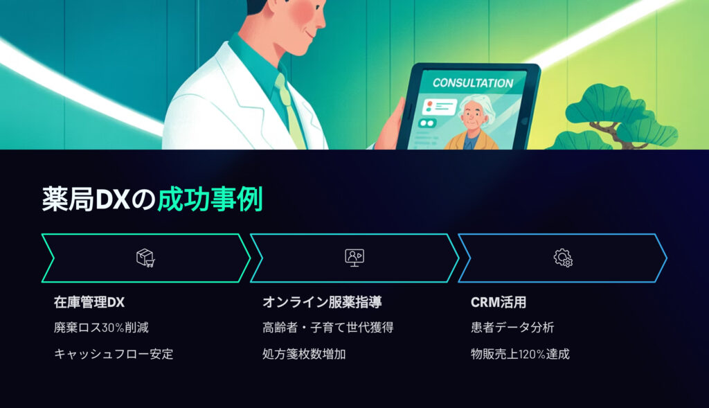 薬局DXの成功事例
在庫管理DX
廃棄ロス30%削減
キャッシュフロー安定
オンライン服薬指導
高齢者・子育て世代獲得
処方箋枚数増加
CRM活用
患者データ分析
物販売上120%達成