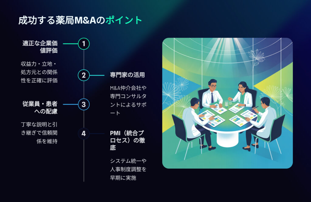 成功する薬局M&Aのポイント
適正な企業価値評価
収益力、立地、処方元との関係性を正確に評価
専門家の活用
M&A仲介会社や専門コンサルタント、弁護士、公認会計士によるサポート
従業員、患者への配慮
丁寧な説明と引継ぎで信頼関係を維持
PMI（統合プロセス）の徹底
