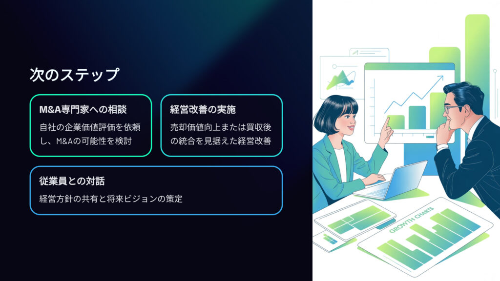 次のステップ
M&A専門家への相談
自社の企業価値評価を依頼し、M&Aの可能性を検討
経営改善の実施
売却価値向上または買収後の統合を見据えた経営改善
従業員との対話
経営方針の共有と将来ビジョンの策定
