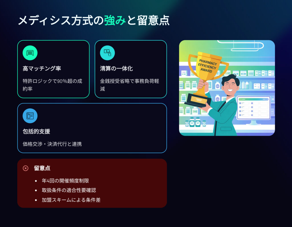 メディカルシステムネットワーク方式の強みと留意点
高マッチング率
特許ロジックで90％超の成約率
清算の一体化
金銭授受省略で事務負担軽減
包括的支援
価格交渉、決済代行と連携
留意点
年4回の開催頻度制限
取扱い条件の適合性要確認
加盟スキームによる条件差