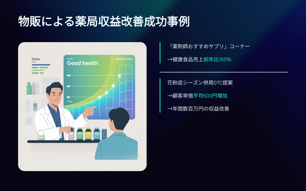 物販による薬局収益改善効果
「薬剤師おすすめサプリ」コーナー
⇒健康食品売上前年比150%
花粉症シーズン併用OTC提案
⇒顧客単価平均500円増加
⇒年間数百万円の収益改善