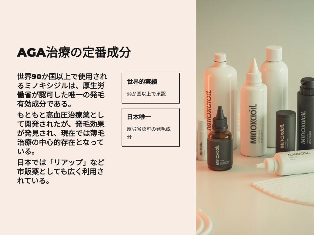 AGA治療の定番成分
正解90カ国以上でしようされるミノキシジルは、厚生労働省が認可した唯一の発毛有効成分である。
もともと高血圧治療薬として開発されたが、現在では薄毛治療の中心的存在となっている。
日本では「リアップ」など市販薬としても広く利用されている。