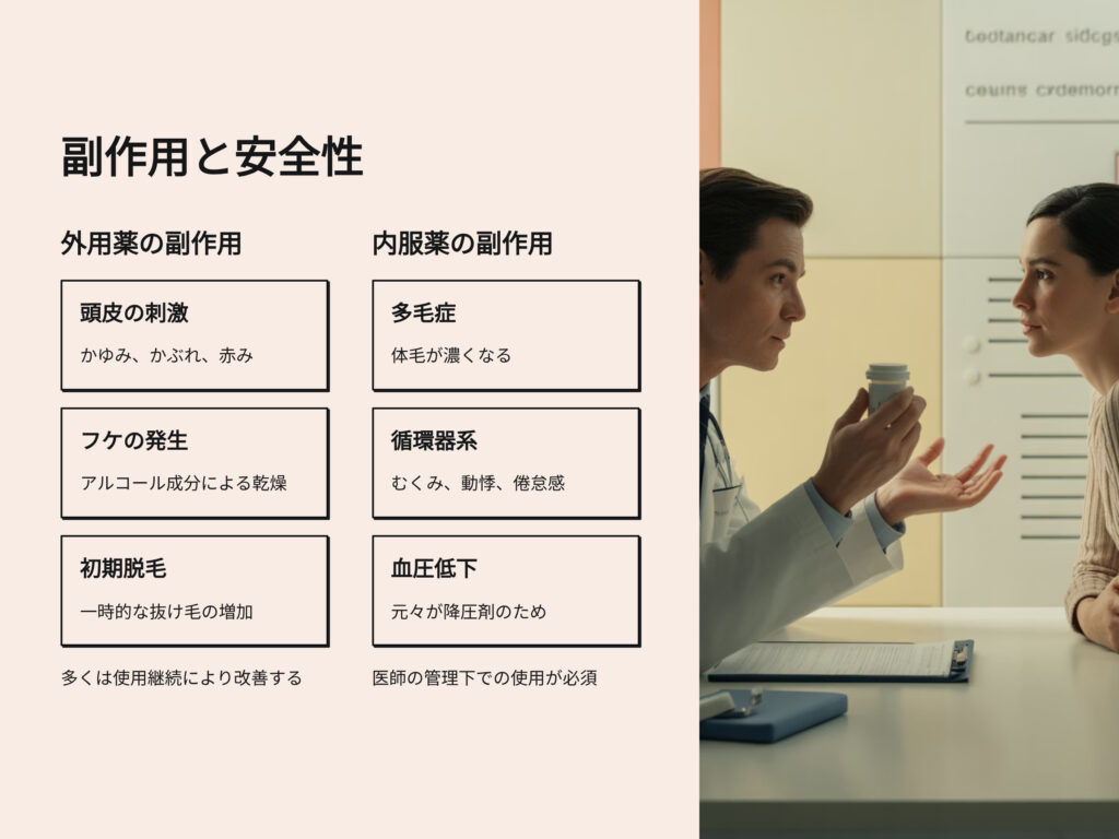 ミノキシジルの副作用と安全性
外用薬の副作用
頭皮の刺激
かゆみ、かぶれ、赤み
フケの発生
アルコール成分による乾燥
初期脱毛
一時的な抜け毛の増加
内服薬の副作用
体毛が濃くなる
循環器系
むくみ、動機、倦怠感
血圧低下
元々が降圧剤の為