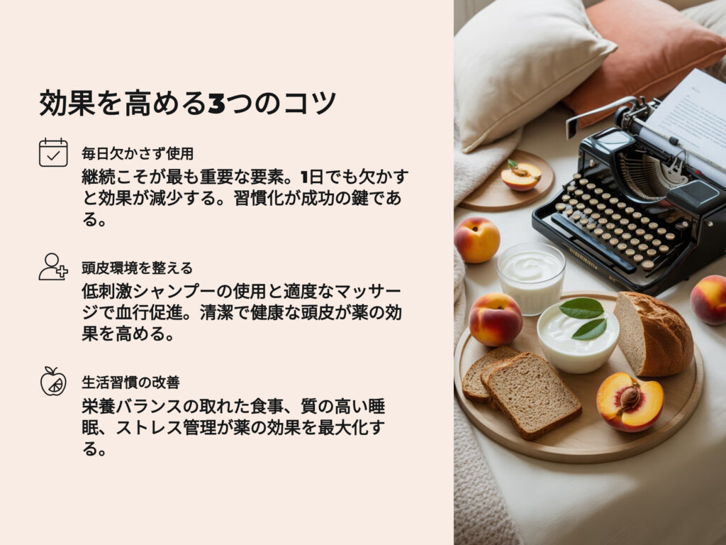 ミノキシジルの効果を高める3つのコツ
毎日欠かさず使用する
継続こそ最も重要な要素。一日でも欠かすと効果が減少する。習慣化が成功のカギである
頭皮環境を整える
低刺激シャンプーの使用と適度なマッサージで血行促進。清潔で健康な頭皮が薬の効果を高める。
生活習慣の改善
栄養バランスのとれた食事、質の高い睡眠、ストレス管理が薬の効果を最大化する。