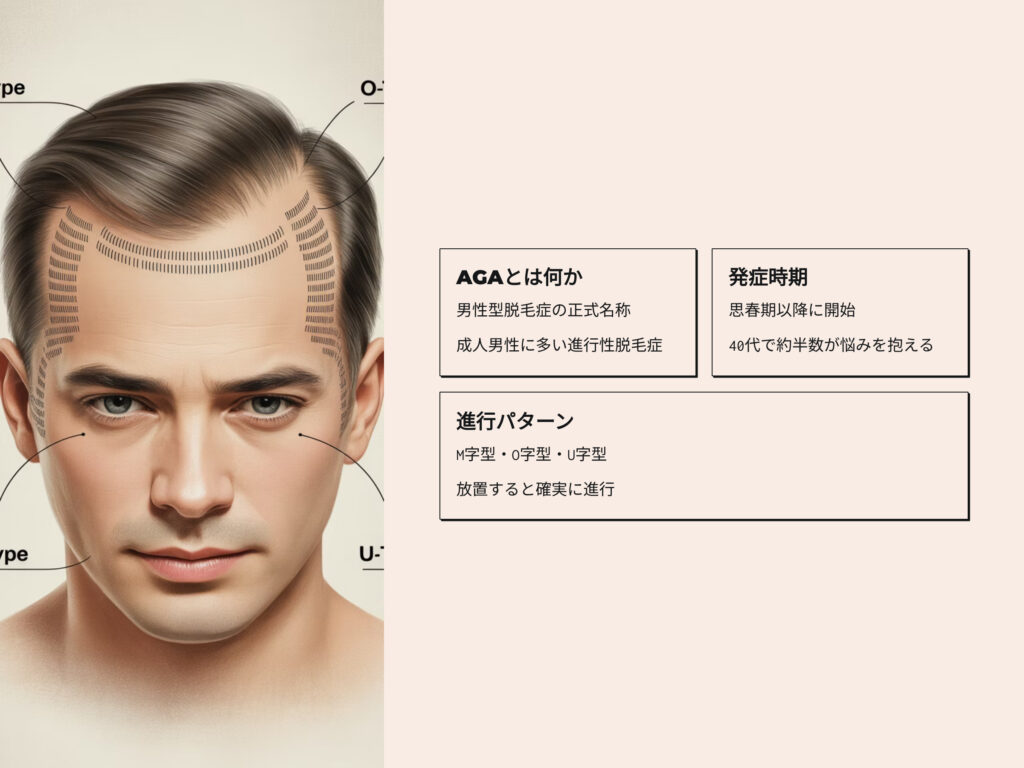AGAとは何か　男性型脱毛症の正式名称　成人男性に多い進行性脱毛症
発症時期　思春期以降に開始
40代で約半数が悩みを抱える
進行パターン
M字型、O字型、U字型
放置すると確実に進行