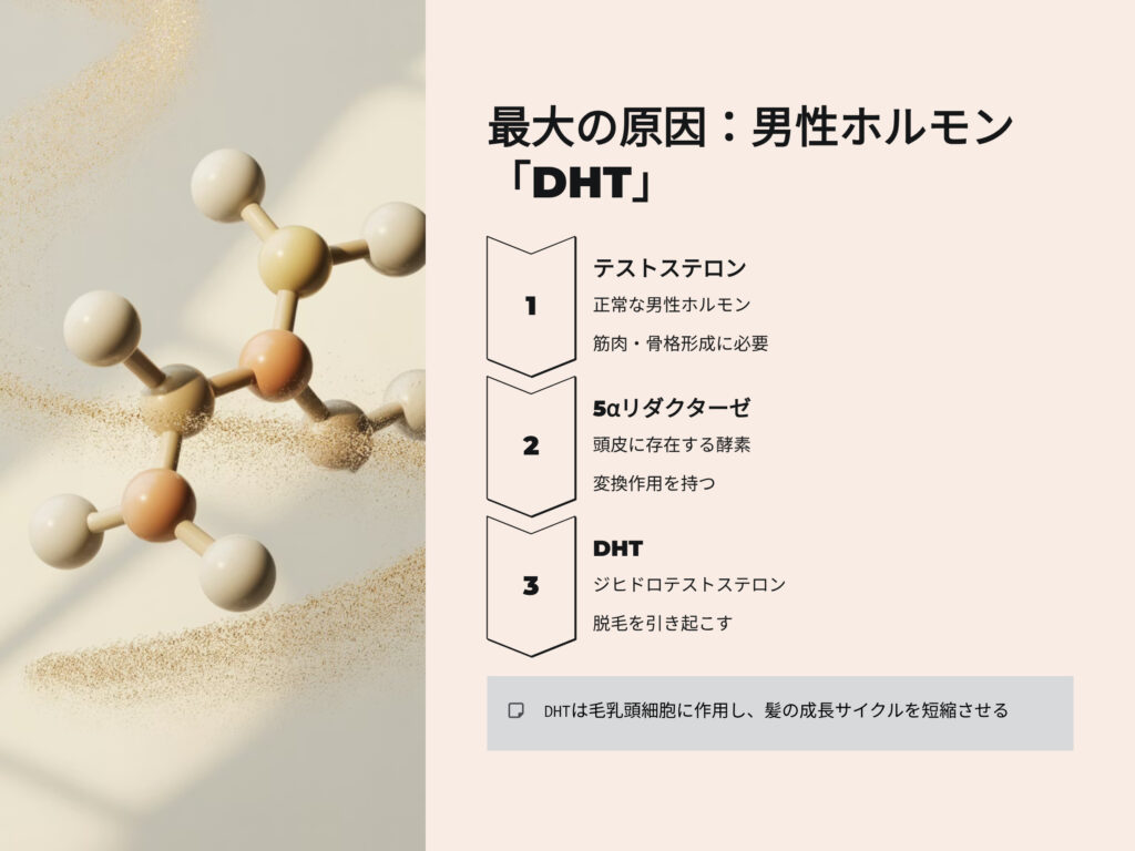 最大の原因：男性ホルモンDHT
テストステロン
正常な男性ホルモン
筋肉、骨格形成に必要
５αリダクターゼ
頭皮に存在する酵素変換作用をもつ
DHT
ジヒドロテストステロン
脱毛を引き起こす
DHTは毛乳頭細胞に作用し、髪の成長サイクルを短縮させる