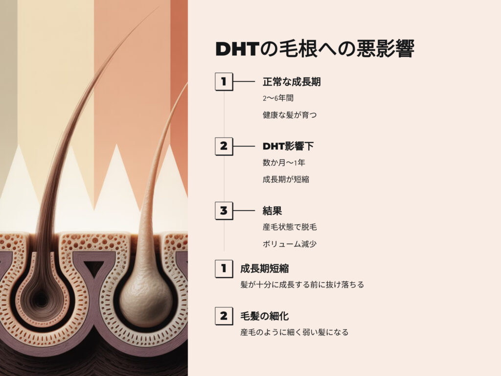 AGAのメカニズム：DHTの毛根への悪影響
正常な成長期
2～6年
健康な髪が育つ
DHT影響下
数か月～1年
成長期が短縮
結果
産毛状態で脱毛
ボリューム減少
成長期短縮
髪が十分に成長する前に抜け落ちる
毛髪の細化
産毛のように細く弱い髪になる