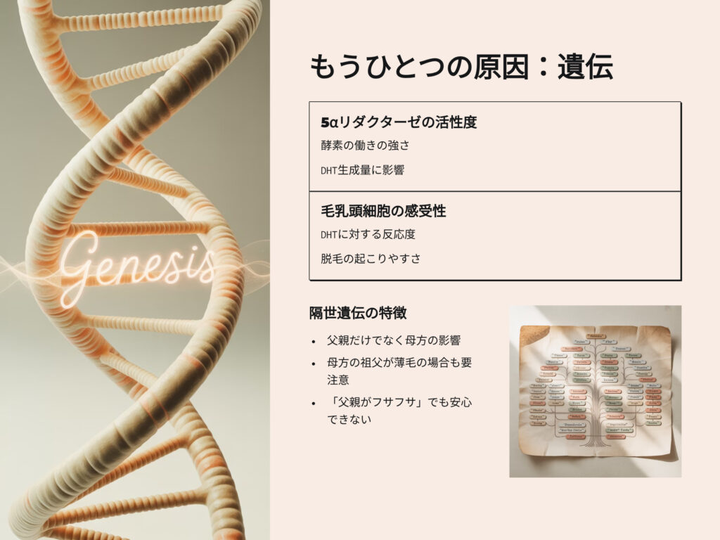 AGAのメカニズム
もう一つの原因：遺伝
５αリダクターゼの活性度
酵素の働きの強さ
DHT生成量に影響
毛乳頭細胞の感受性
DHTに対する反応度
脱毛の起こりやすさ
隔世遺伝の特徴
父親だけでなく母方の影響
母方の祖父が薄毛の場合も要注意
父親がふさふさでも安心できない