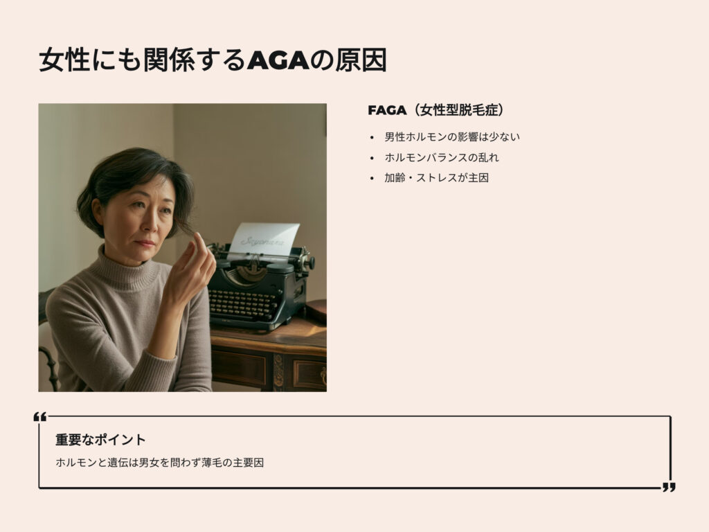女性にも関係するAGAの原因
FAGA（女性型脱毛症）
男性ホルモンの影響は少ない
ホルモンバランスの崩れ
加齢、ストレスが原因
重要なポイント
ホルモンと遺伝は男女を問わず薄毛の主要因