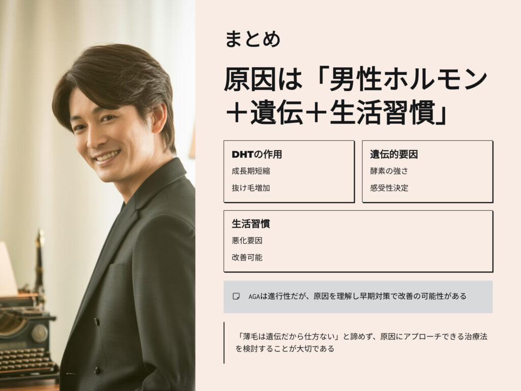 まとめ
AGAの原因は男性ホルモンと遺伝、生活習慣
DHTの作用
成長期短縮
抜け毛増加
遺伝的要因
酵素の強さ
感受性決定
生活習慣
悪化要因
改善可能
AGAは進行性だが原因を理解し早期対策で改善の可能性がある
薄毛は遺伝だから仕方ないとあきらめず、原因にアプローチできる治療法を検討することが大切である

