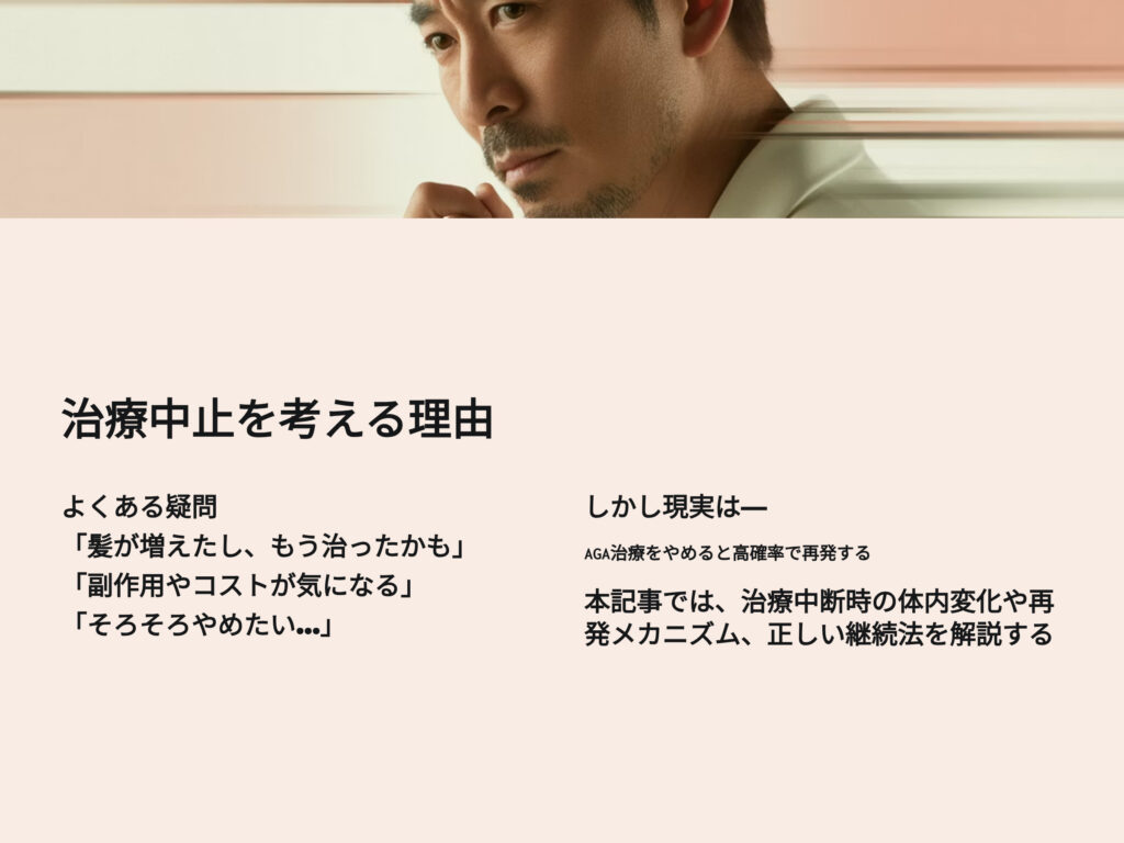 「薬で髪が増えてきたし、もう治ったかも」
「副作用やコストが気になるから、そろそろやめたい」
そんな理由でAGA治療を中止する人は少なくありません。
しかし、結論から言うと――
AGA治療をやめると高確率で再発します。
本記事では、AGA治療を中断した際に起こる体内の変化や再発のメカニズム、
再発を防ぐための正しい治療継続法について詳しく解説します。