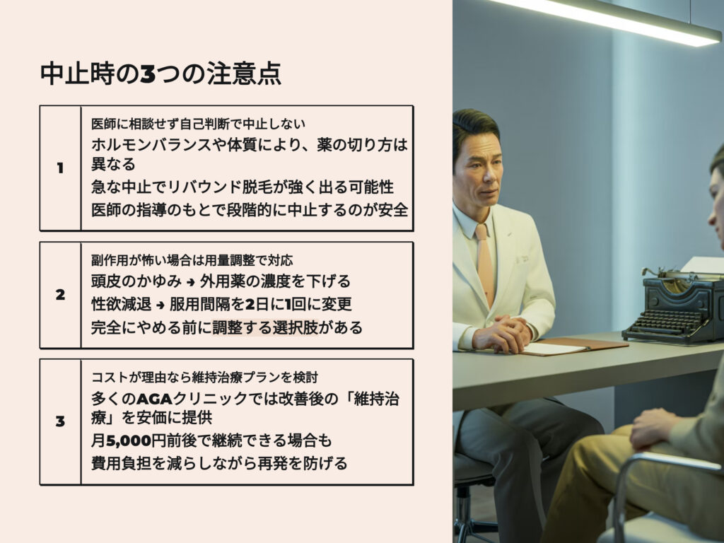 AGA治療中止時の3つの注意点
医師に相談せずに自己判断で中止しない
副作用が怖い場合は用量調整で対応
コストが理由なら維持治療プランを検討