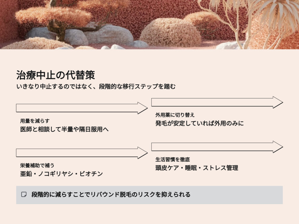 AGA治療中止の代替策
いきなり中止するのではなく、段階的なステップを踏む
用量を減らす
外用薬に切り替え
栄養補助で補う
生活習慣を徹底