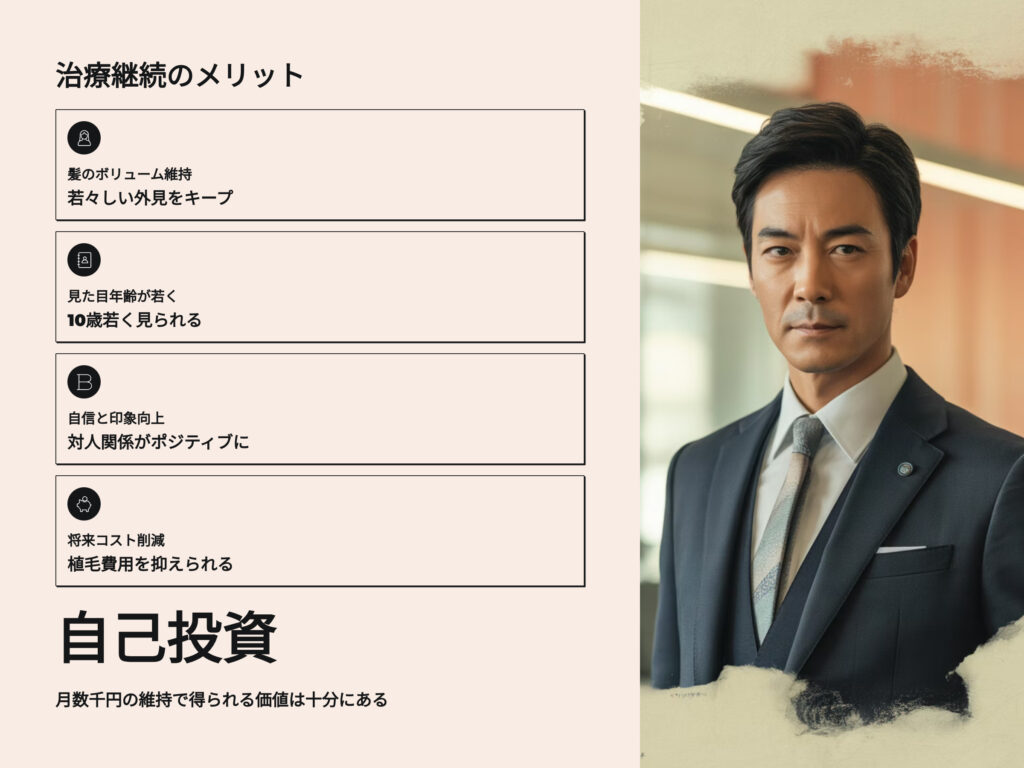 AGA治療継続のメリット
髪のボリューム維持
見た目年齢が若く
自信と印象向上
将来コスト削減