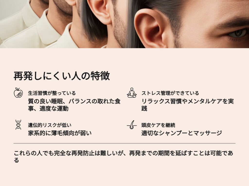 AGA治療をやめても再発しにくいヒト
生活習慣が整っている
ストレス管理ができている
遺伝的リスクが低い
頭皮ケアを継続