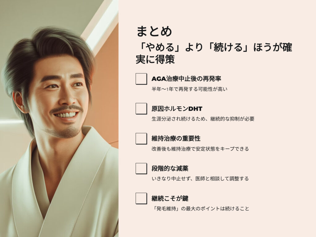 まとめ
AGA治療はやめるより続ける方が確実に得策