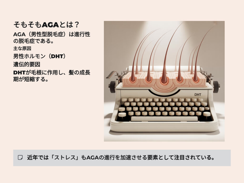 そもそもAGAとは?AGA(Androgenetic Alopecia)は「男性型脱毛症」と呼ばれる進行性の脱毛症です。
主な原因は 男性ホルモン(DHT)と遺伝。
DHT(ジヒドロテストステロン)が毛根に作用することで、
髪の成長期が短縮し、細く弱い髪しか生えなくなります。
AGAはホルモンと遺伝が中心的要因ですが、
近年では「ストレス」もAGAの進行を加速させる要素として注目されています