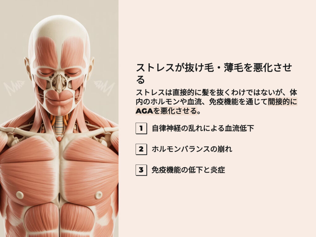 ストレスが抜け毛を悪化させる原因
ストレスは直接的に髪を抜くわけではありませんが、
体内のホルモンや血流、免疫機能を通じて間接的にAGAを悪化させることがわかっています。