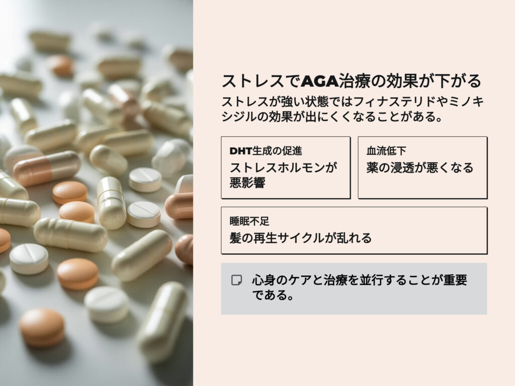 ストレスでAGA治療の効果が下がる
ストレスが強い状態ではフィナステリドやミノキシジルの効果が出にくくなることがある