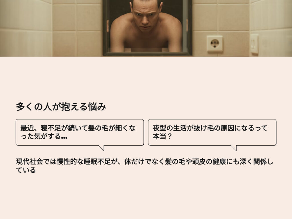 現代社会では、多くの人が慢性的な睡眠不足に悩まされています。
そしてその影響は、体だけでなく 髪の毛や頭皮の健康にも深く関係しています。
本記事では、睡眠不足がAGA(男性型脱毛症)を悪化させる理由と、
発毛をサポートする理想の睡眠習慣について詳しく解説します。