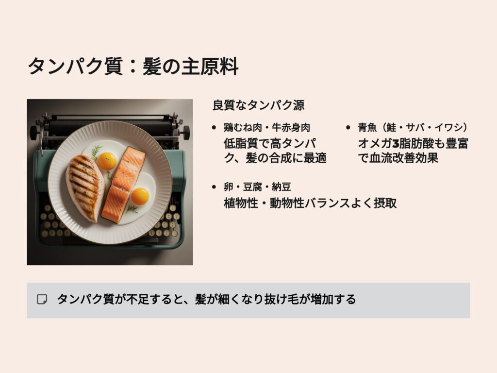 タンパク質:髪の主原料
タンパク質が不足すると髪が細くなり抜け毛が増加する