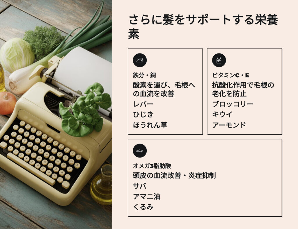 さらに髪をサポートする栄養素
鉄分
銅
ビタミンC、E
オメガ3脂肪酸