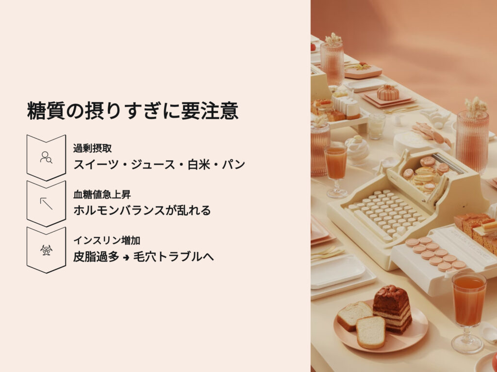 糖質の摂りすぎに要注意
スイーツ、ジュース、米、パン
インスリン増加、皮脂過多、毛穴トラブルへ