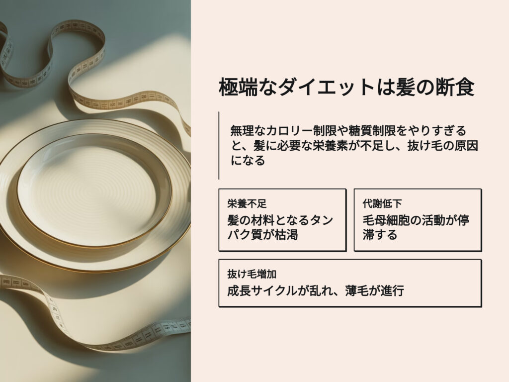 極端なダイエットは髪の断食
無理なカロリー制限や糖質制限をやりすぎると、髪に必要な栄養素が不足し、抜け毛の原因になる