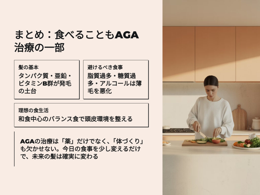 まとめ
食べることもAGA治療の一部
髪の基本
タンパク質、亜鉛、ビタミンB群が発毛の土台
避けるべき食事
脂質過多、糖質過多、アルコールは薄毛を悪化