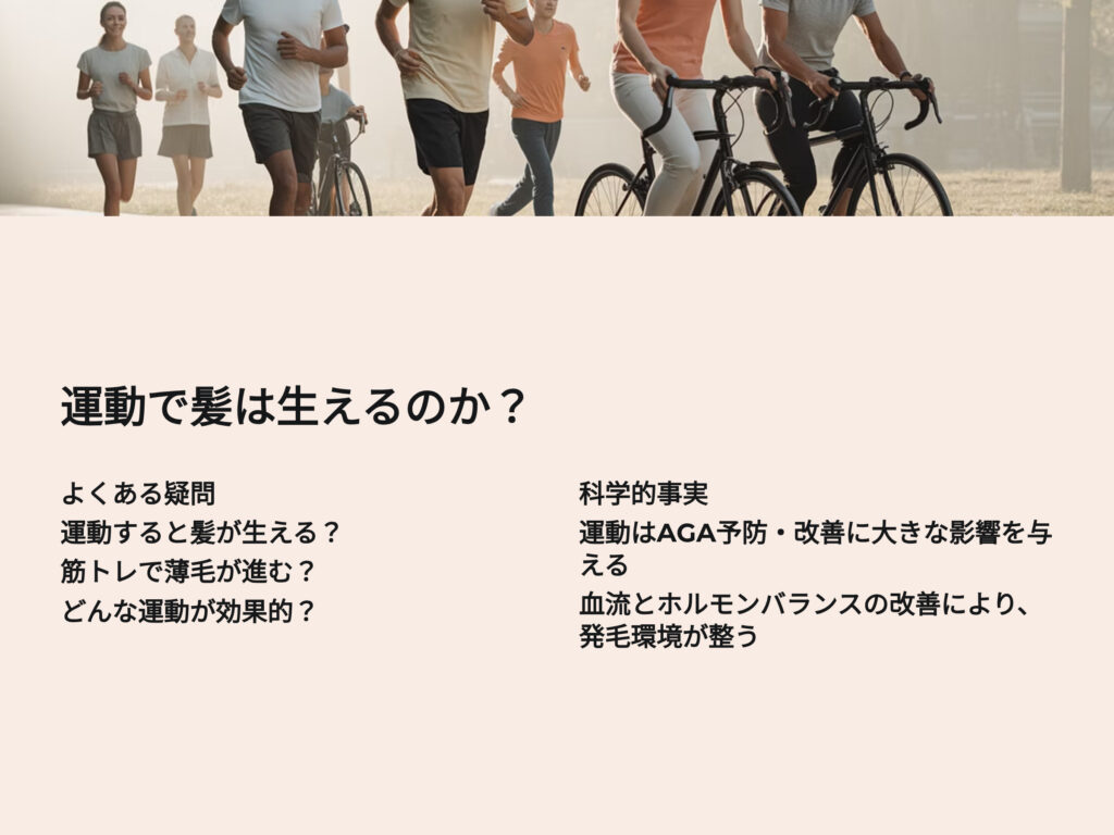 運動で髪は生えるのか
よくある疑問
運動すると髪が生える?
筋トレで薄毛が進む?
どんな運動が効果的?
科学的事実
運動はAGA予防、改善に大きな影響を与える
血流とホルモンバランスの改善により、発毛環境が整う