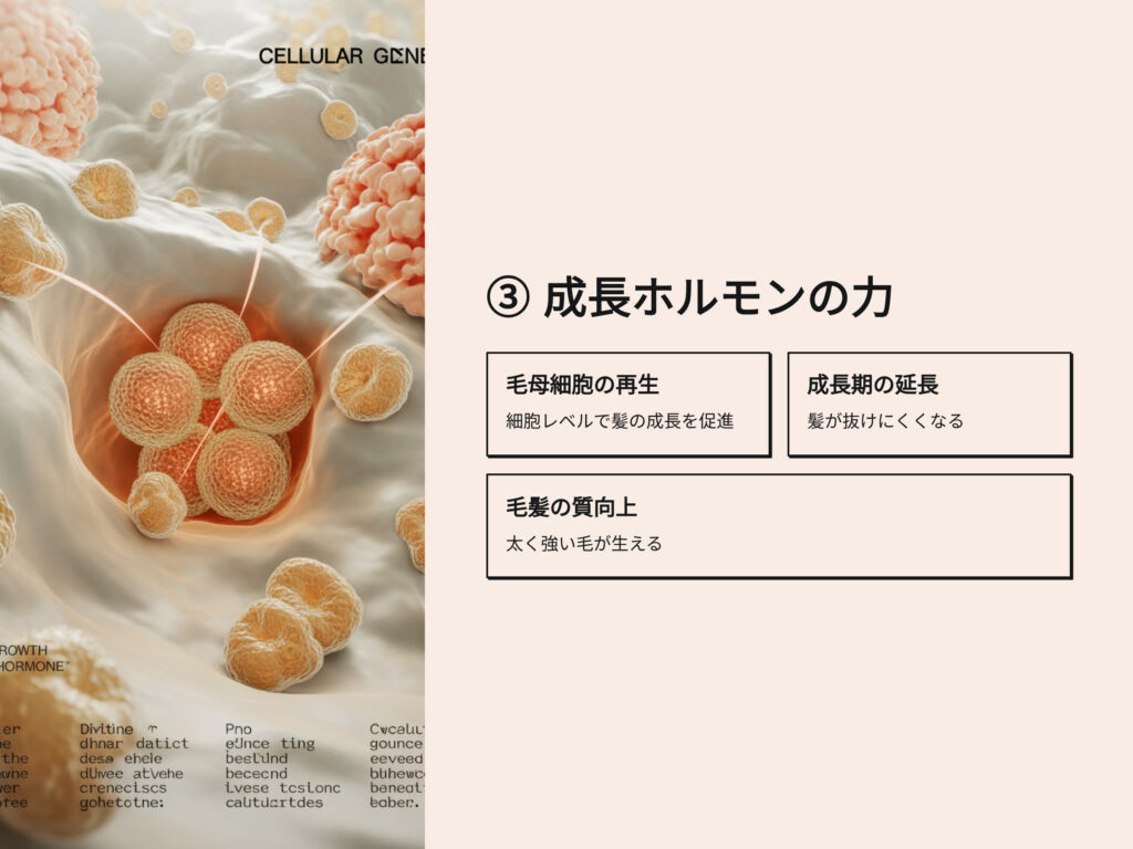 成長ホルモンの力
毛母細胞の再生
成長期の延長
毛髪の質向上
