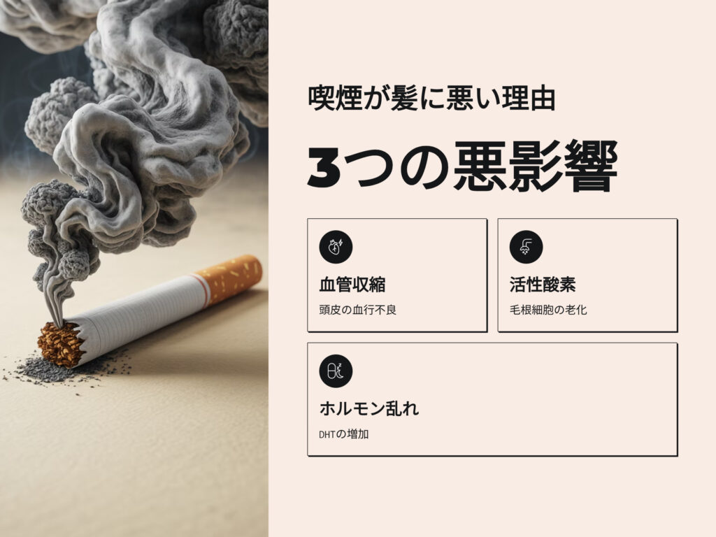 喫煙が髪に悪い理由
3つの悪影響
血管収縮
活性酸素
ホルモン乱れ