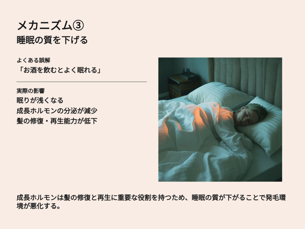睡眠の質を下げる
よくある誤解
お酒を飲むとよく眠れる
実際の影響
眠りが浅くなる
成長ホルモンの分泌が減少
髪の修復、再生能力が低下
成長ホルモンは髪の修復と再生に重要な役割を持つため、睡眠の質が下がることで発毛環境が悪化する