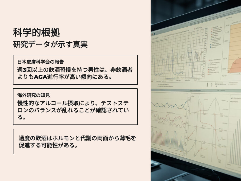 科学的根拠
研究データが示す真実
日本皮膚科学会の報告
週3回以上の飲酒習慣を持つ男性は、非飲酒者よりもAGA進行率が高い傾向にある
海外研究の知見
慢性的なアルコール摂取により、テストステロンのバランスが乱れることが確認されている。