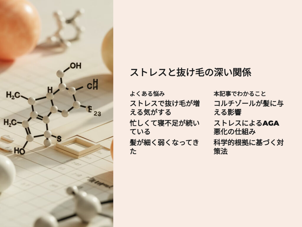 ストレスと抜け毛の深い関係
ストレスで抜け毛が増加する気がする
コルチゾールが髪に与える影響とは