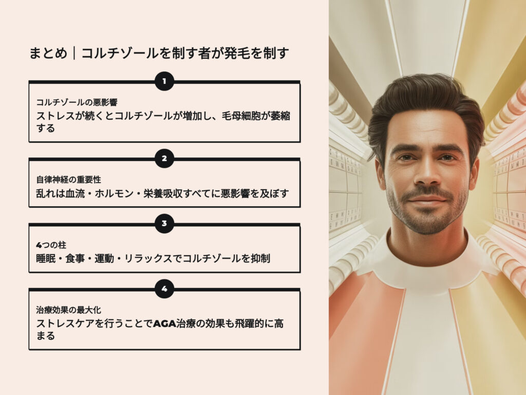まとめ
コルチゾールを制すものが発毛を制す